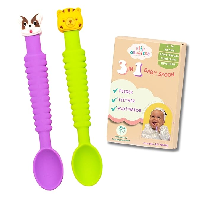 3-in-1 Silicone Baby Spoon Self Feeding 6+ Months - Pediatric OT Designed Teether Spoon, BPA Free Toddler Utensils, Mess-Free, Fun for Baby Led Weaning Supplies, Dog & Tiger