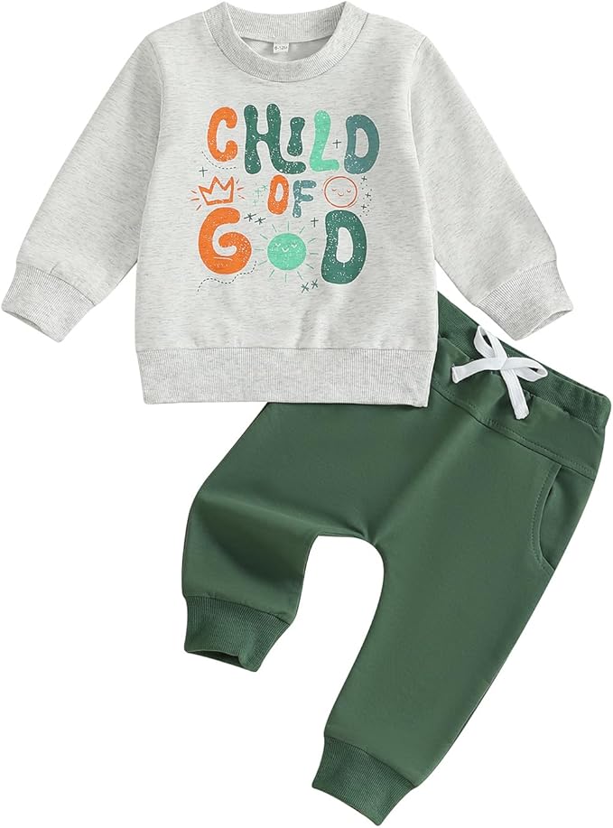 Nyapruwe Toddler Baby Boy Fall Outfit Funny Print Long Sleeve Sweatshirt Joggers Pants Set Kids Warm Winter Clothes