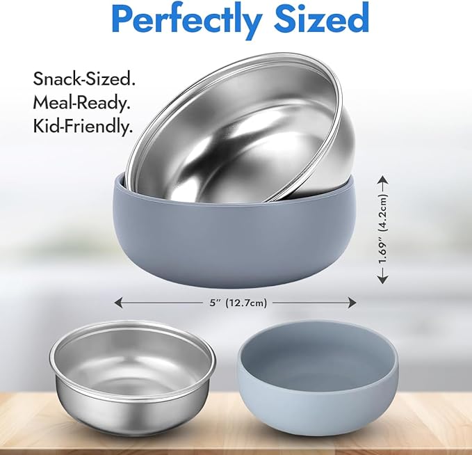 4 Pack Stainless Steel Bowls for Kids - BPA-Free 5" Baby Bowls with Removable Silicone Base - Non-Slip Toddler Bowls for Snacks & Meals (Classic Colors)