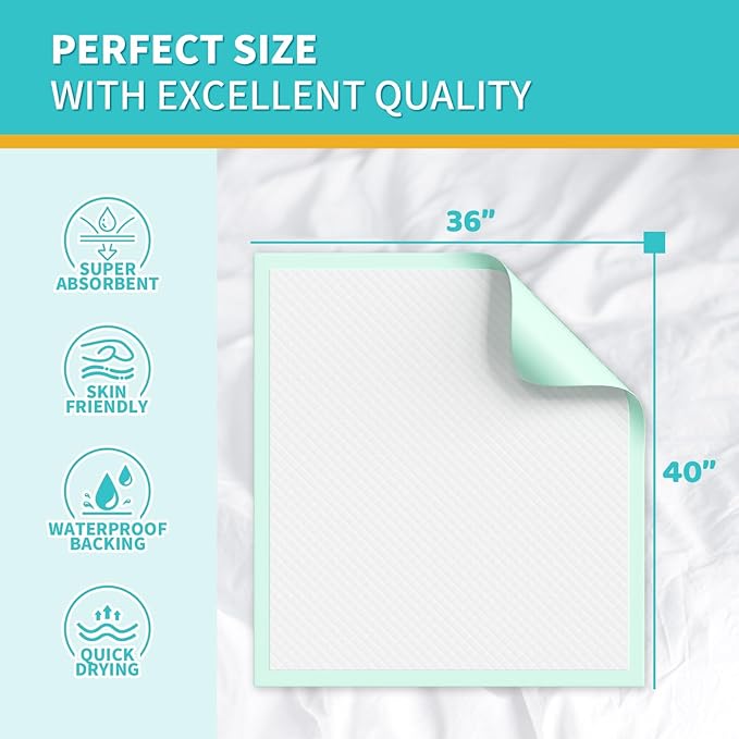 Disposable Bed Pads 40x36 Inch (40 Pack) - Extra Large, Super Absorbent Underpads for Adults & Pets, Waterproof Incontinence Pads, Mattress Protector [100x91CM]