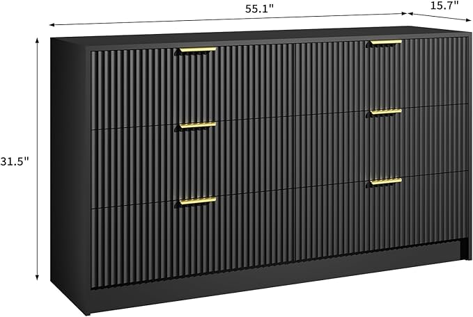 6 Drawers Fluted Dresser for Bedroom, 55" Wide Wooden Dresser with Deep Drawers, Large Floor Chest of Drawers, Modern Long TV Stand, Storage Cabinet Side Table, Black