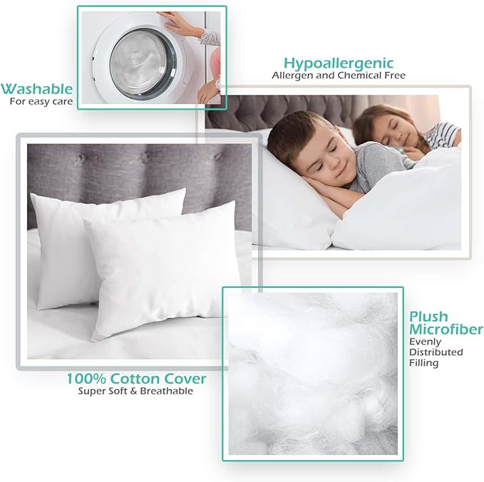 Nestl 4 Pack Toddler Pillow for Sleeping 13 x 18, Small Kids Pillow for Travel, Car, School, Nap, & Toddler Bed, Machine Washable Soft Cotton Toddler Pillow 2 Year Old and Up - White