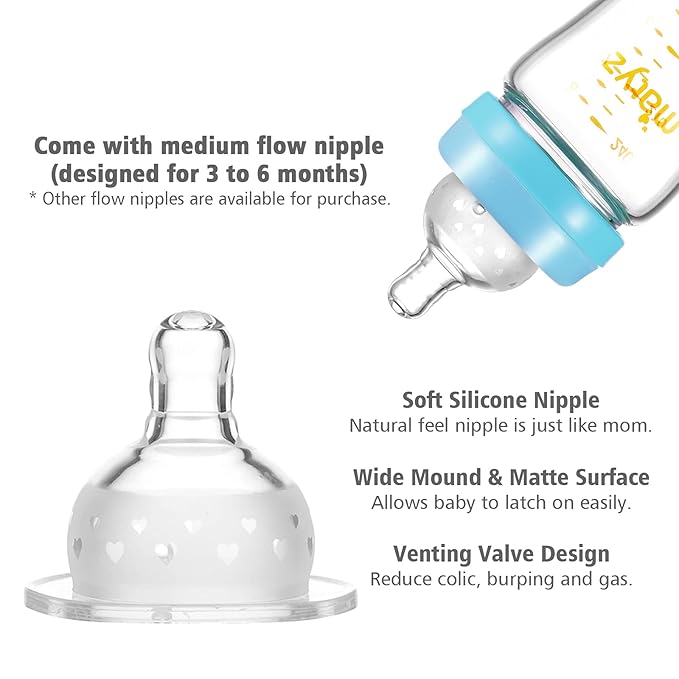 Matyz Glass Breastmilk Baby Feeding Bottle with Nipple, 2 Pack, 8 oz Slim and Light Bottle Easy to Hold, Food Grade Borosilicate Glass, Wide Neck Easy to Clean, No BPA (Blue Lids)