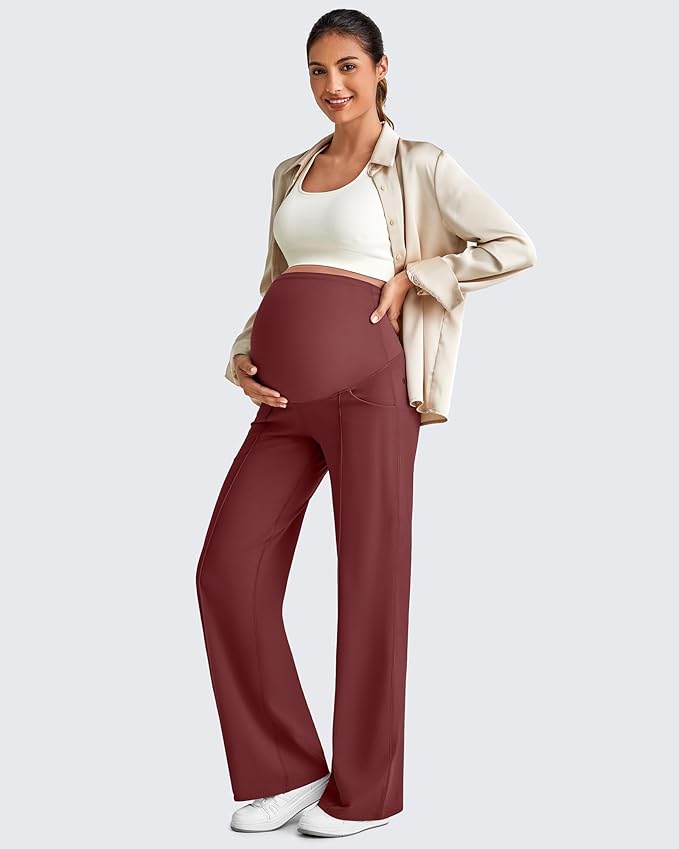 G4Free Maternity Dress Yoga Pants with Pockets Over The Belly Stretchy Work Slack Pregnancy Wide Leg Lounge Trousers
