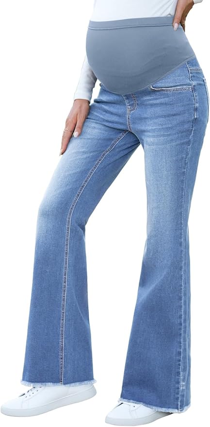 BLENCOT Maternity Jeans for Women Over Belly Pregnancy Pants Comfy Pregnant Jeans Flare Denim Jeans with Pockets