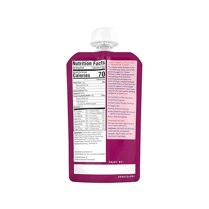 Cerebelly Organic Baby Food Pouches, Beet Carrot Blueberry Purees, 16 Nutrients, No Added Sugar, Fiber & Non-GMO, 4oz, 12 Pack