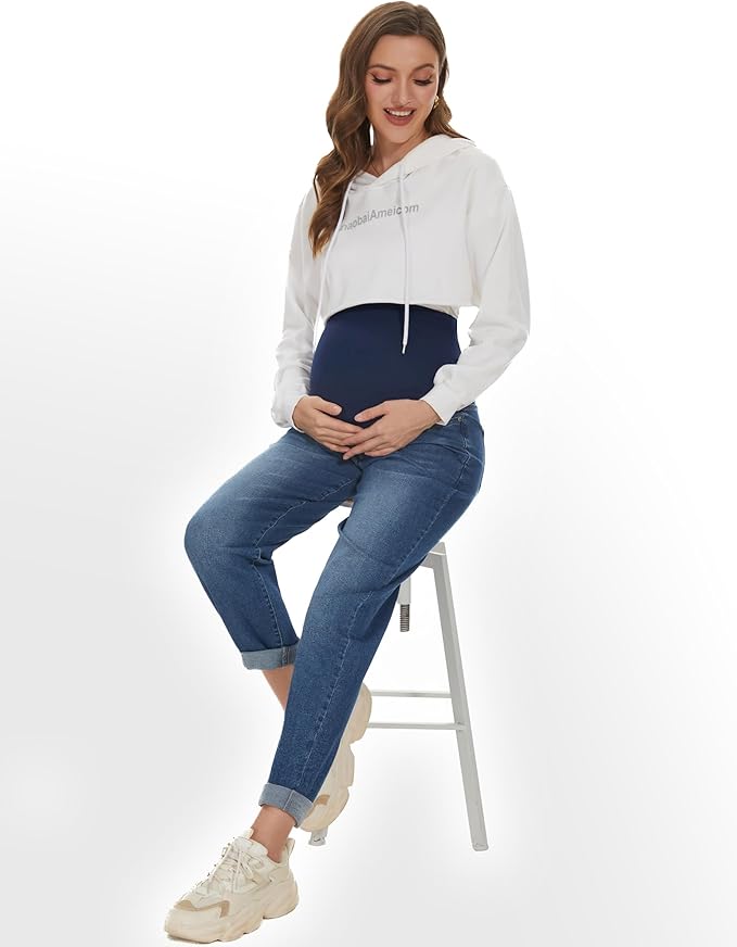 POSHGLAM Women's Maternity Jeans Over Belly Comfy Stretch 28'' Boyfriend Jeans Loose Pregnancy Pants, S-XXL