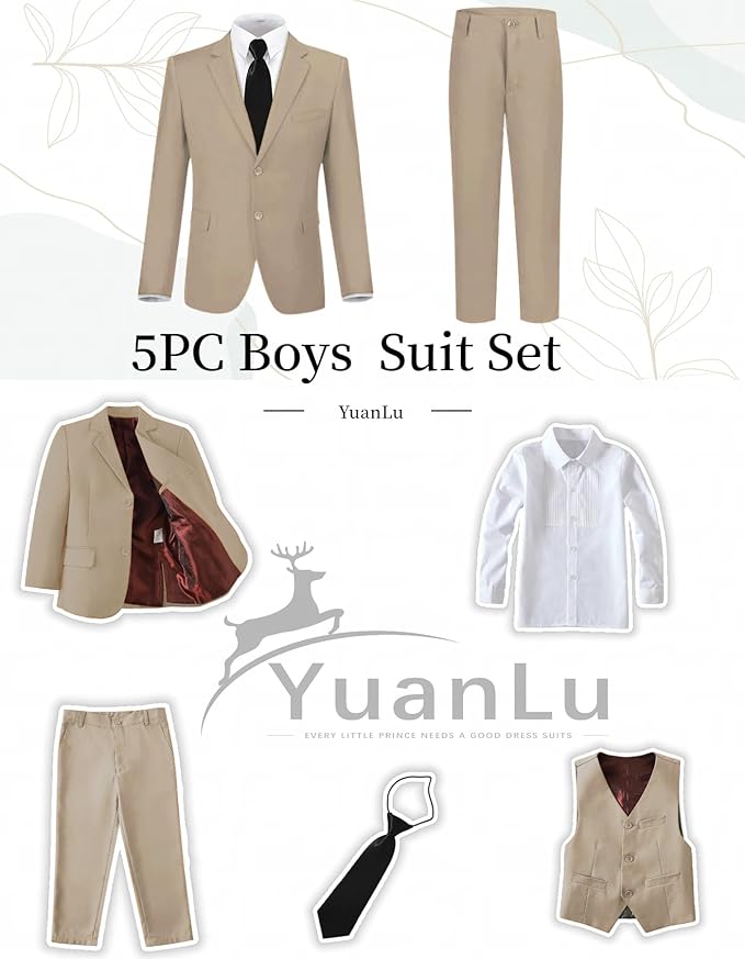 YuanLu Boys Suit for Kids Tuxedo Wedding Ring Bearer Outfit, 5 Piece Boy Slim Fit Formal Suits with Adjustable Waist