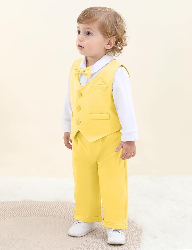 A&J DESIGN Baby Boy Suits Clothes Infant Toddler Formal Gentleman Outfits, Dress Shirt + Vest + Bow Tie + Pants Wedding Set