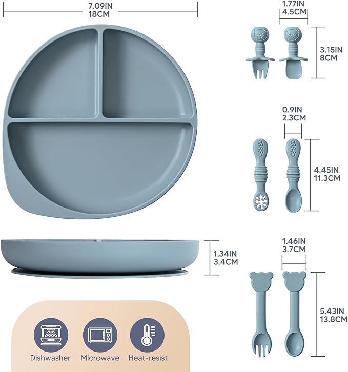 Silicone Baby Feeding Set Plates and Utensils Set for Baby Toddlers Infant Kids,forks and spoons baby plates with suction,baby spoons self feeding 6 months,baby feeding essentials (Blue)