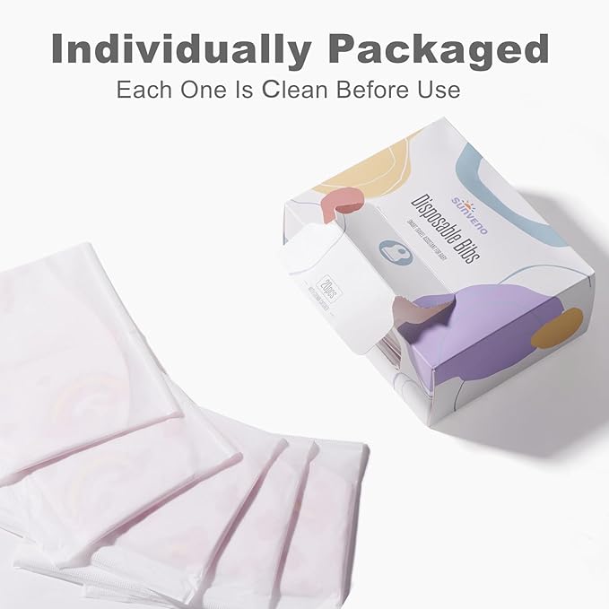SUNVENO Disposable Baby Bibs with Crumb Catcher Pocket, Leakproof Liner, Adjustable Adhesive Tabs, Individually Wrapped