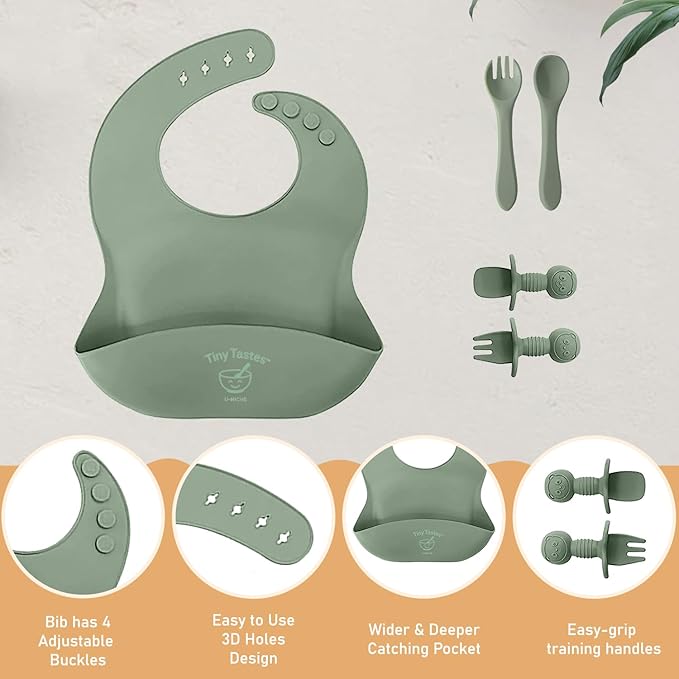 10-Piece Silicone Baby Feeding Set – BPA-Free, Spill-Proof Suction Plate, Bowl, Bib, Snack Cup & Utensils | Dishwasher Safe, Baby Gift Ready (Green)