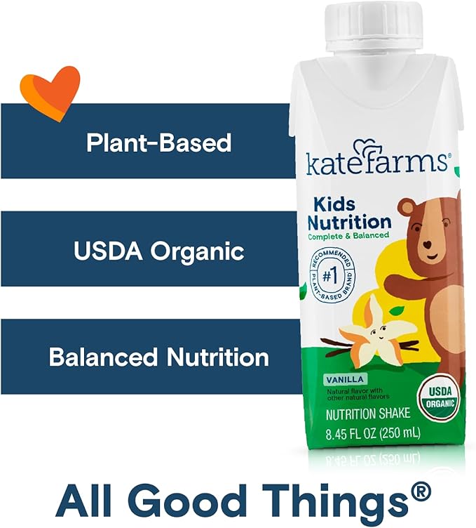 KATE FARMS Organic Kids Nutrition Vanilla Shake, 8g Protein, 27 Vitamins and Minerals, Meal Replacement, Gluten Free, Non-GMO, 8.45 oz (12 Pack)