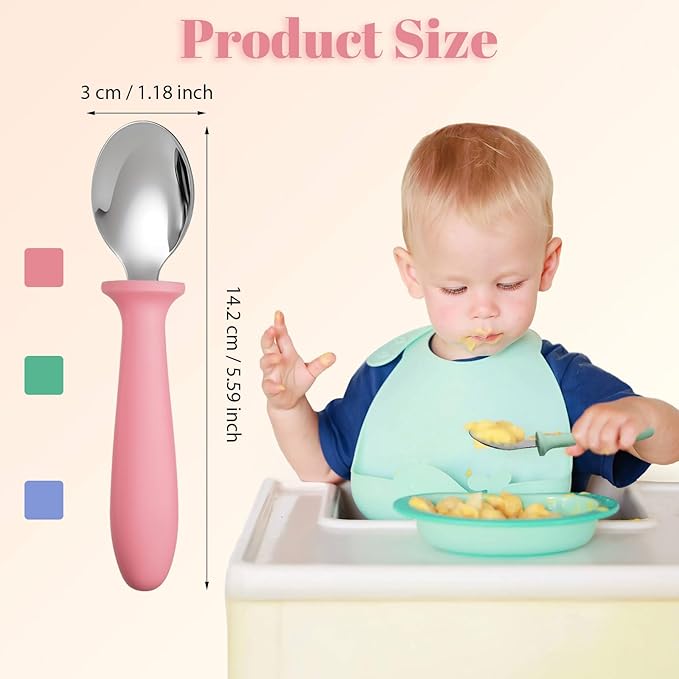 Pimoys 6-Pack Stainless Steel Toddler Spoons Baby & Kids Utensils for Self-Feeding Plastic Handle Dishwasher Safe