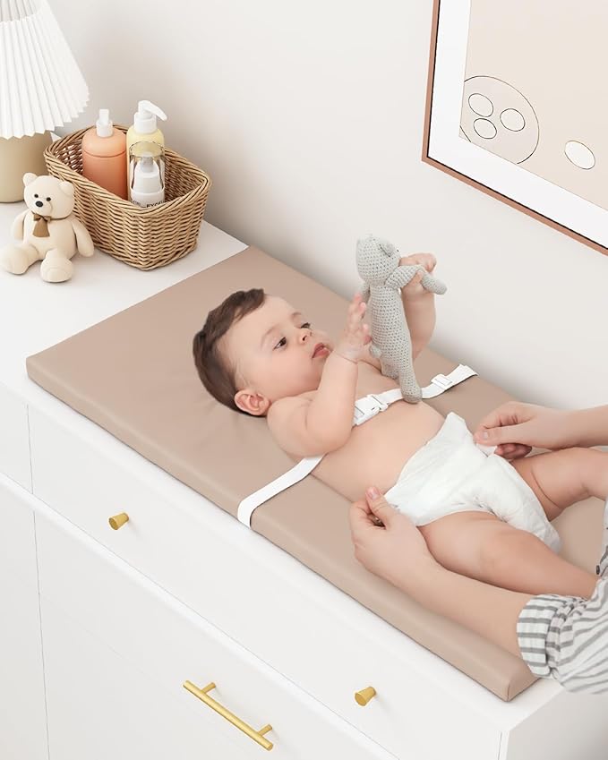 Wipeable Baby Changing Pad for Dresser and Table, Cozy Diaper Changing Pad with Waterproof & Wipe-Clean Leather Cover, Standard Size (31.5" L x 15.8" W), Light Brown