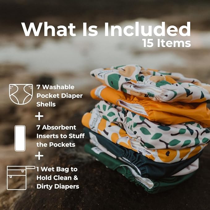 Nora's Nursery Cloth Diapers 7 Pack with 7 Inserts & 1 Wet Bag - Waterproof Cover, Washable, Reusable & One Size Adjustable Pocket Diapers for Newborns and Toddlers - PearFect