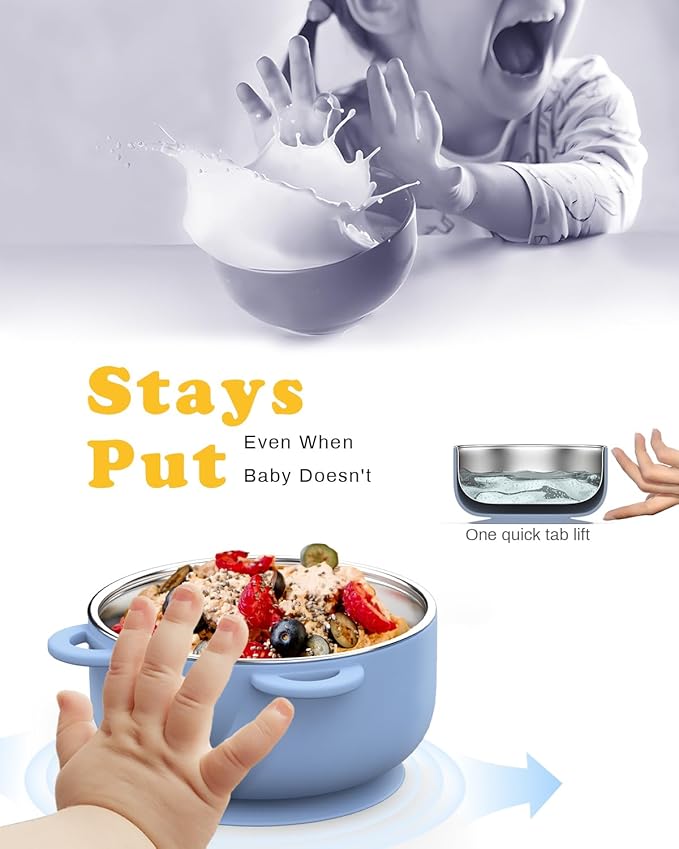 Suction Toddler Bowls and Feeding Utensils Set, 2-in-1 Stainless Steel 304 Kids Bowl & Silicone Suction Baby Bowl with Spoons and Forks, First Self-feeding Training Set, Unicorn Magic