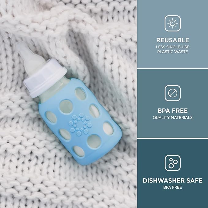Lifefactory 4-Ounce BPA-Free Glass Baby Bottle with Stage 1 Nipple and Protective Silicone Sleeve, Stone Gray