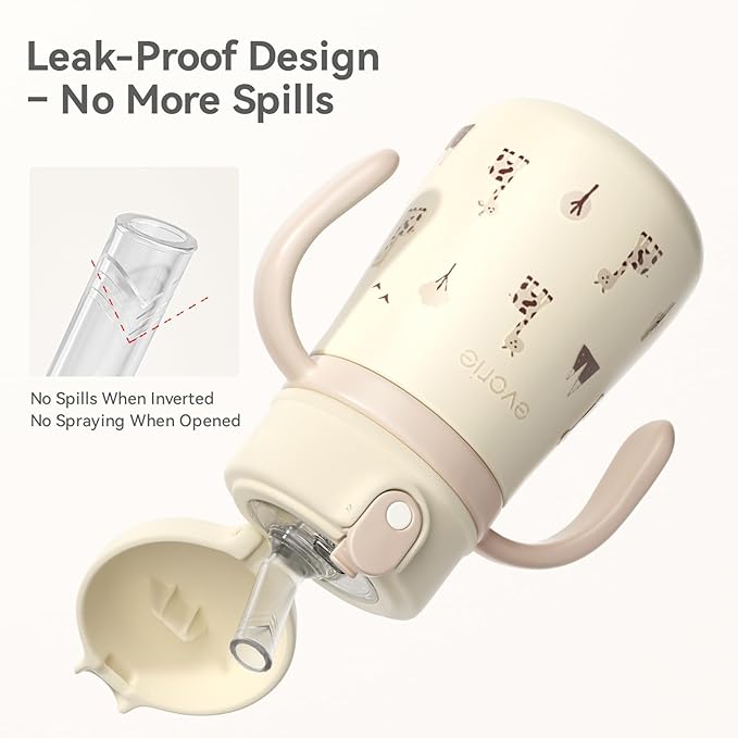 Evorie Leak Proof Vacuum Insulated Water Bottle, 316L Stainless Steel Sippy Cup for Toddlers, 11 oz Straw Cup with Handle & Adjustable Strap, Keeps Drinks Warm or Cold (Giraffe)