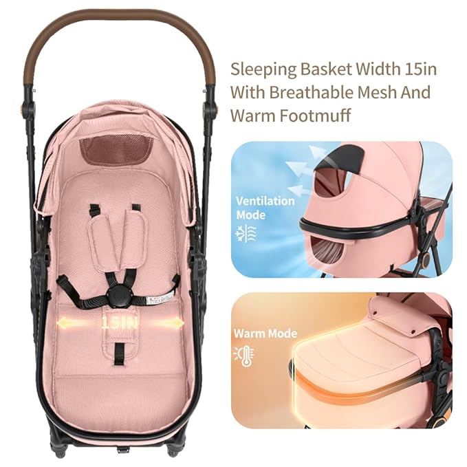 2 in 1 Baby Stroller, High Landscape Infant Stroller Pram Foldable Pushchair with Adjustable Canopy, Storage Basket, Suspension Wheels,5-Point Harness,Mom Bags (Brown)