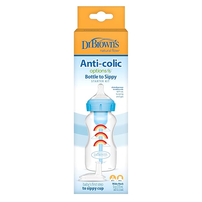 Dr. Brown's Anti-Colic Options+ Wide-Neck Sippy Bottle Starter Kit, 9oz/270mL, with Level 3 Medium-Fast Flow Nipple and Soft 100% Silicone Sippy Spout, Blue, BPA Free, 6m+