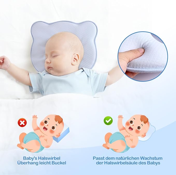 Memory Foam Baby Pillow,Cute Cartoon Bear Soft and Cozy Pillow, Breathable Bedding Set for Infants for Small Boys and Girls Prevent Flat Head Tummy