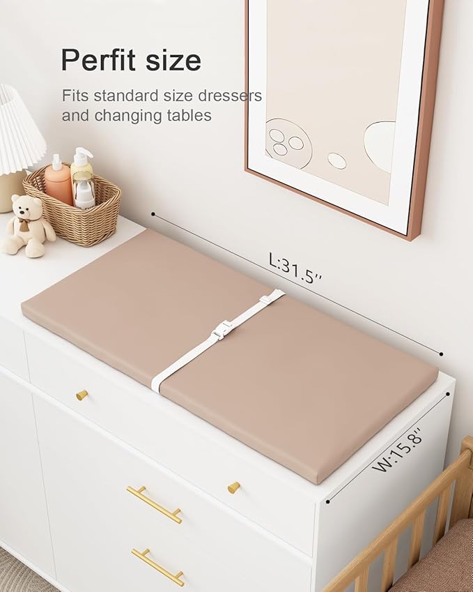 Wipeable Baby Changing Pad for Dresser and Table, Cozy Diaper Changing Pad with Waterproof & Wipe-Clean Leather Cover, Standard Size (31.5" L x 15.8" W), Light Brown