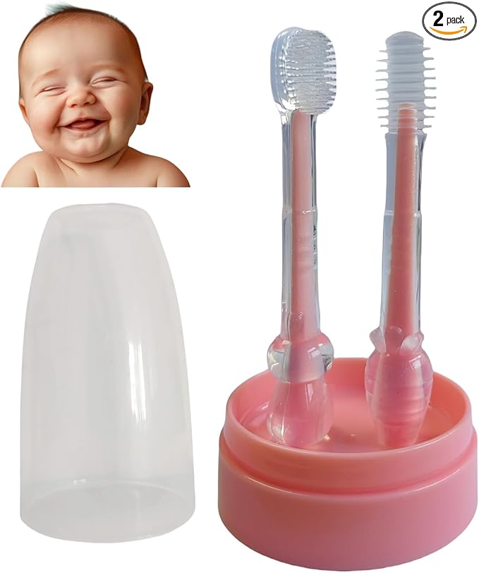 Baby Tooth Brush, Infant Toothbrush 6 to 12 Months and0-6 Months,Silicone Toothbrush, Newborn Tongue and Mouth Cleaner Set, Good Idea for Baby First Toothbrushes(Pink)