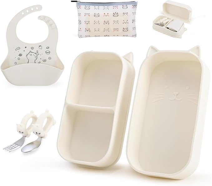 Portable Baby Plates with Suction, 6Pcs Travel Silicone Feeding Set for Toddlers, Foldable, Non-Slip Dishwasher Safe Plates & Utensils, BPA Free, Cat Design Gift Ready (Beige)