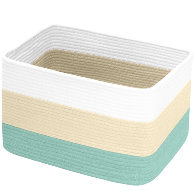 Hopegiver Storage Baskets for Organizing with Handle, Woven Baskets for Shelves - Durable Gift Basket for Cloth Toys Books Baby, Cotton Rope Basket for Dog Cat, 15x11x10 Inch(White&Cream&Green)