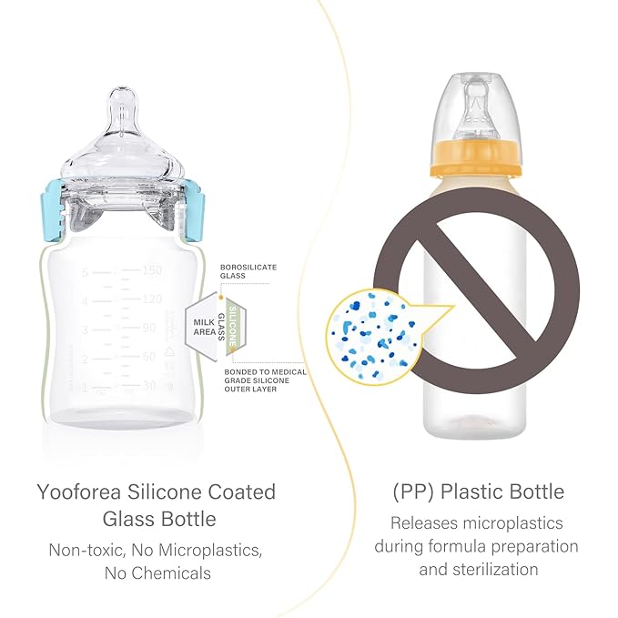 Yooforea Silicone Coated Glass Baby Bottle, 0M+ Slow Flow Nipple I Anti-Colic, Wide Neck, Stable Base I Medical-Grade Silicone Coating for Shatter Protection, BPA BPS PVC Free (2 Pack, 3 Ounce-Fog)