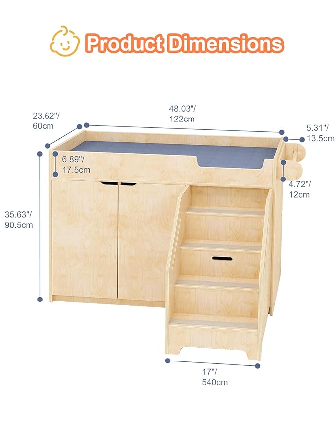 Wooden Baby Changing Table with Stairs & Storage, 100% Birch Plywood Toddler Diaper Changing Station with Tissue Holder, Montessori Furniture for Daycare, Nursery, Home, School