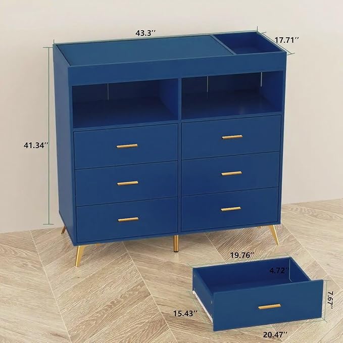 Changing Table Dresser with Drawers, Baby Dresser with Changing Table Top, Power Outlet, LED Light & Metal Feet, Diaper Changing Station Nursery Organizer for Infants Newborn (Blue)