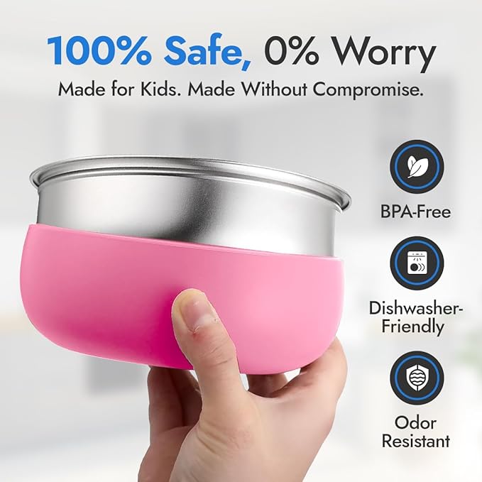 4 Pack Stainless Steel Bowls for Kids - BPA-Free 5" Baby Bowls with Removable Silicone Base - Non-Slip Toddler Bowls for Snacks & Meals (Bright Colors)