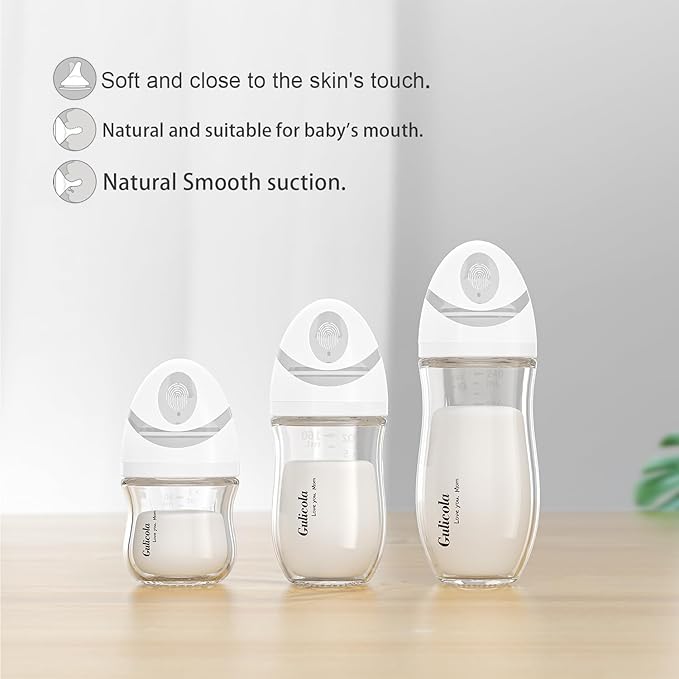 Gulicola Natural Glass Baby Bottle Newborn Set, 3 oz and 5 oz with Extra Slow Flow & Slow Flow Nipple, Anti Colic, 0-3 Months, 2 Pack - White