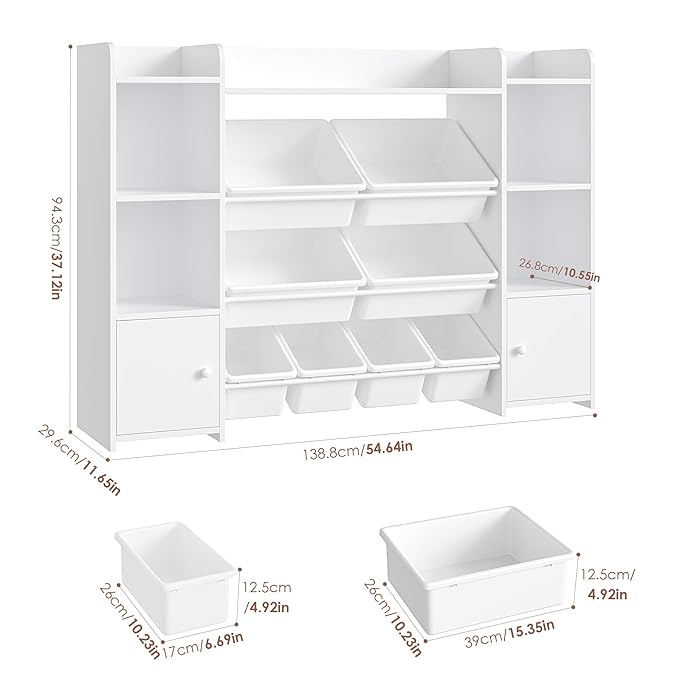 FOTOSOK 55''Large Toy Storage Organizer with 8 Toy Bins, Toy Organizers and Storage with Shelf and 6 Storage Cubbies, Bookshelf for Kids, Playroom Organization and Storage Bins, White