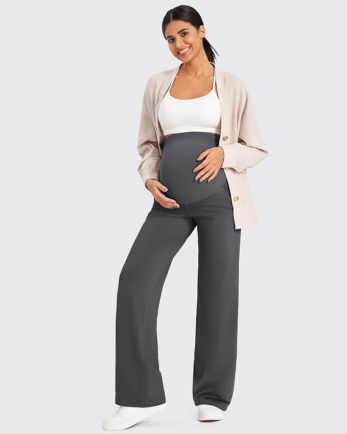 G4Free Fleece Lined Maternity Yoga Pants Over The Belly Stretchy Wide Leg Warm Pregnancy Work Trousers with Pockets