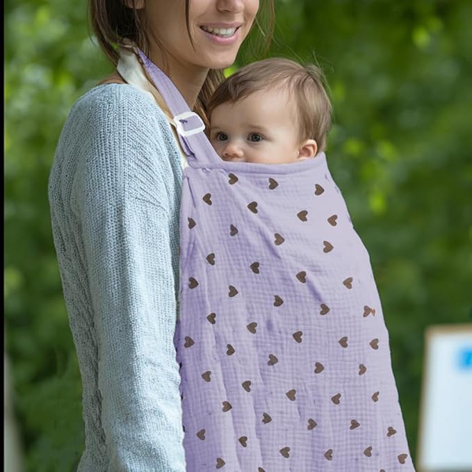 Muslin Nursing Covers for Breastfeeding, Arch Neckline Breast Feeding Covers for Women, Moms Privacy Breathable Summer Nursing Apron, 43.3" x 25.6" Soft Feeding Cover (Violet Purple Heart)