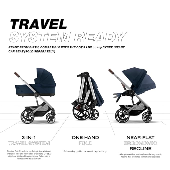 Cybex Balios S Lux Toddler and Baby Stroller with Reversible Seat, Unique One-Pull Harness, and Multiple Recline - Travel System Ready, with One Hand Fold, Silver Frame/Ocean Blue Seat