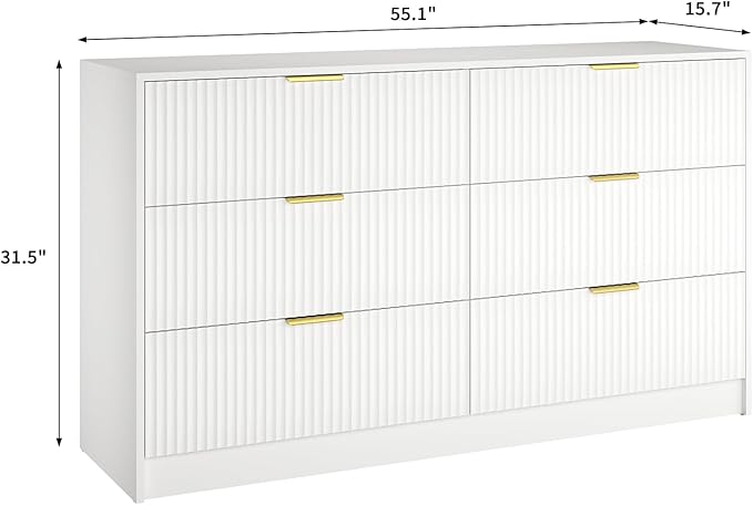 6 Drawers Fluted Dresser for Bedroom, 55" Wide Wooden Dresser with Deep Drawers, Large Floor Chest of Drawers, Modern Long TV Stand, Storage Cabinet Side Table, White
