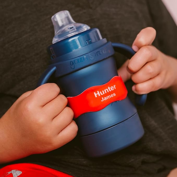 InchBug Orbit Labels Baby Bottle and Water Bottle Silicone Name Bands – Personalized Reusable Label Set for Daycare, Sippy Cups, Preschool, Elementary School, Dishwasher Safe, 4-Pack (Lullaby Blue)