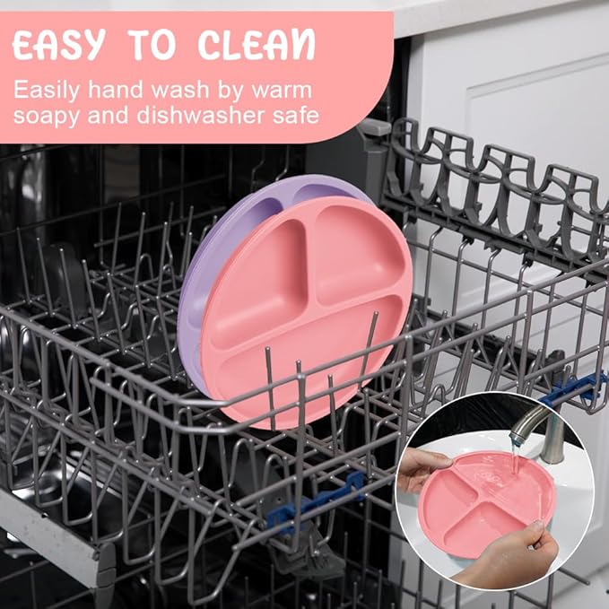 Vicloon Toddler Dishware Plate, 2 Pcs Silicone Plate with Divided Compartments, Suction Plates for Babies & Toddlers, BPA Free, Microwave & Dishwasher Safe, Includes Lids