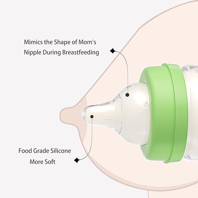 YOHKOH Glass Baby Bottles with Slow Flow Nipple, Newborn Anti-Colic Baby Bottles for 0+ Months, Wide Neck Feeding Bottle, Clear (Green, 2.7oz (Pack of 2))