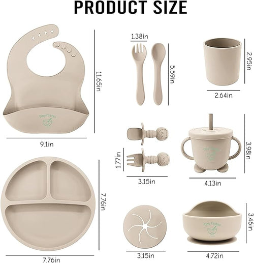 10-Piece Silicone Baby Feeding Set – BPA-Free, Spill-Proof Suction Plate, Bowl, Bib, Snack Cup & Utensils | Dishwasher Safe, Baby Gift Ready (Beige)