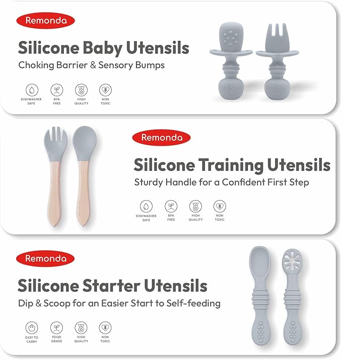 Remonda 23-Piece BPA-Free Silicone Baby Feeding Set | Extra Large Suction Plates, Toddler Bowls, Self Feeding Spoons, and More | Dishwasher Safe| Baby Led Weaning Supplies（Grey）