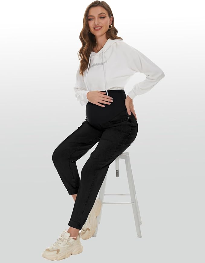 POSHGLAM Women's Maternity Jeans Over Belly Comfy Stretch 28'' Boyfriend Jeans Loose Pregnancy Pants, S-XXL