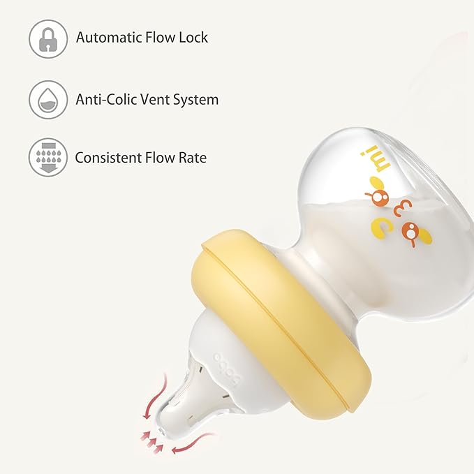YOHKOH Newborn Glass Baby Bottles with Slow Flow Nipple for 0+ Months, Wide Neck Feeding Bottle, 2.7oz/80ml (Yellow, 2.7oz (Pack of 4))