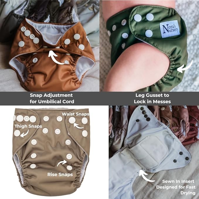 Nora's Nursery Newborn All-in-One Cloth Diaper 14-Pack with Diaper Pod for Clean Storage - Waterproof, Washable, Reusable, and Adjustable for Babies Under 12lbs - Evergreen