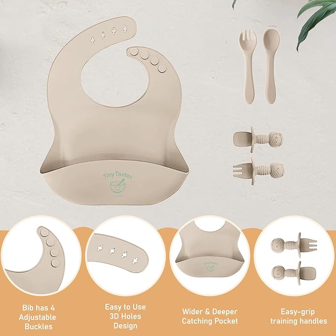 10-Piece Silicone Baby Feeding Set – BPA-Free, Spill-Proof Suction Plate, Bowl, Bib, Snack Cup & Utensils | Dishwasher Safe, Baby Gift Ready (Beige)