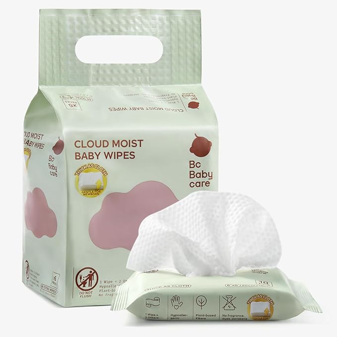 Bc Babycare Cloud Moist Wet Baby Wipes, Thick & XL, 99% Water, Ultra-Hydrating, Unscented, Hypoallergenic for Sensitive Skin, Biodegradable, 6 Flip-Top, 10 Count